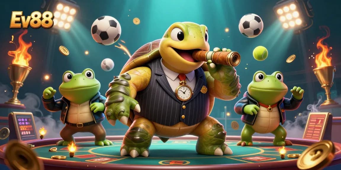 Ev88 showcases an exciting casino scene with a cartoon turtle and bullfrog enforcers.