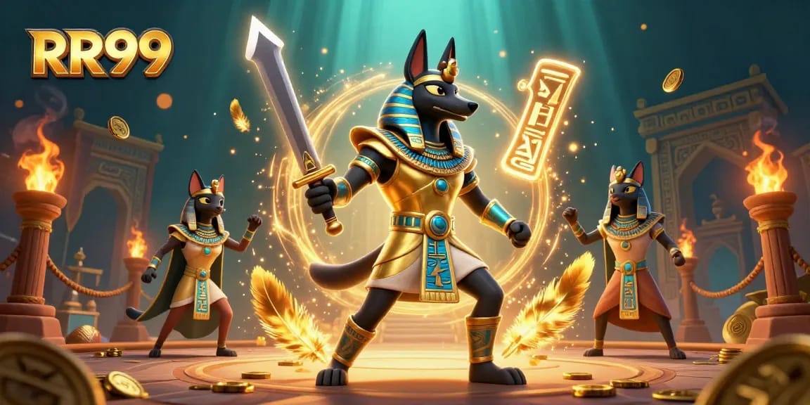 Experience thrilling gameplay at RR99 with Anubis and Bastet in an action-packed casino scene.