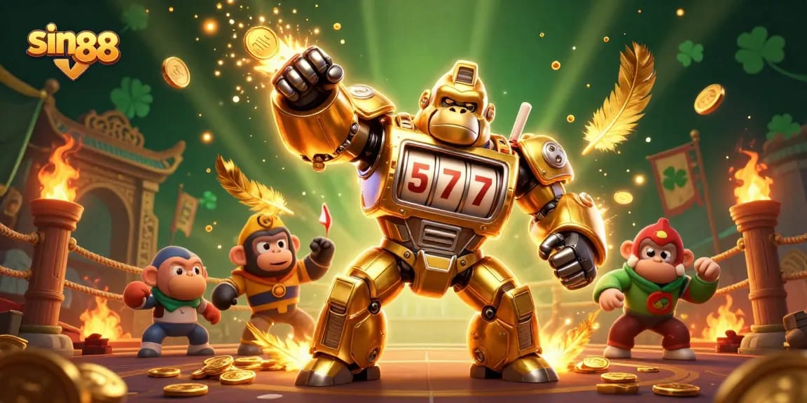 Engage with sin 88 through a captivating 3D illustration of a golden gorilla mech, showcasing slot machine elements.