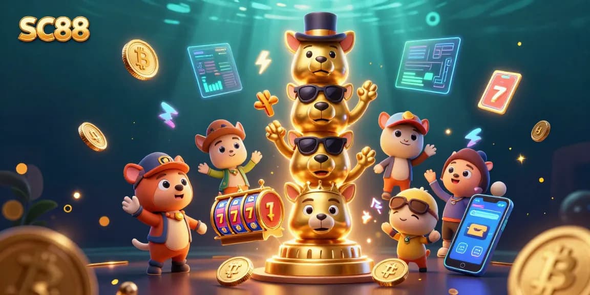 Experience exciting gaming opportunities with SC88's illustrated 3D casino scene featuring slot reels and crypto elements.