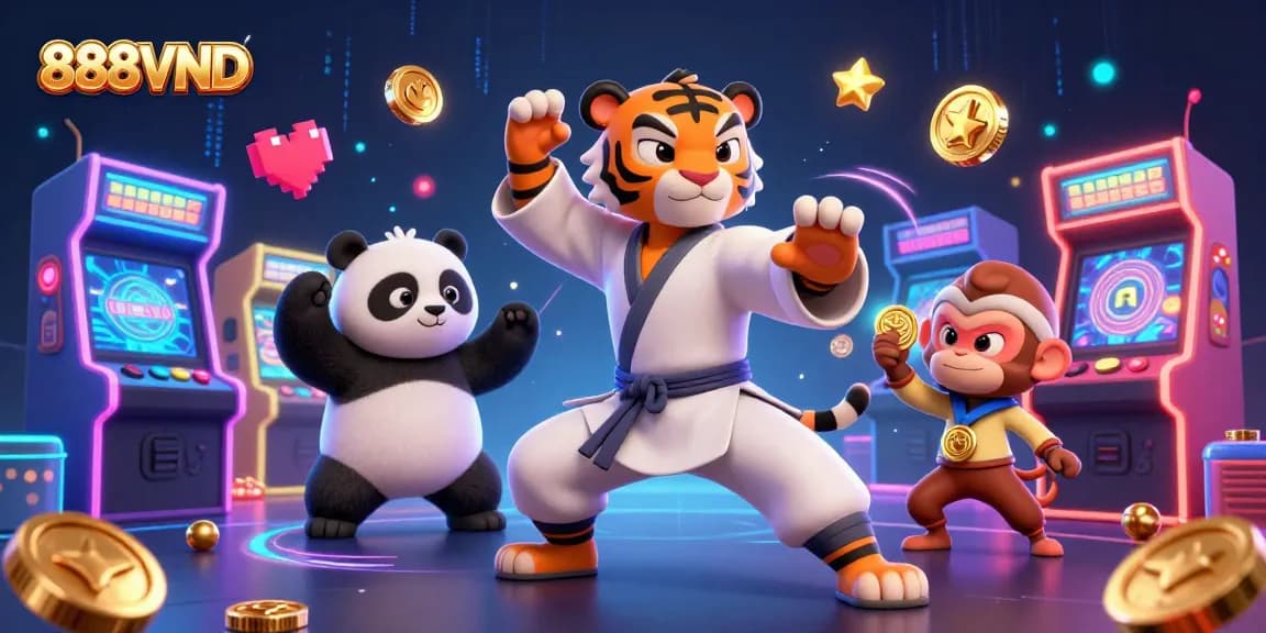 Experience the thrill of gambling with 888VND featuring colorful arcade machines and fun characters.