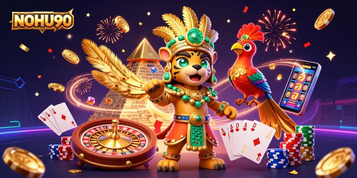Spin the reels at NOHU90 with energetic 3D illustration showcasing a vibrant casino environment.