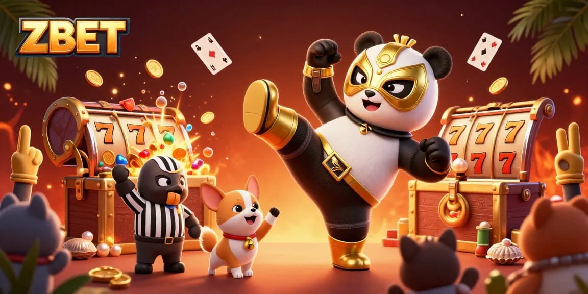 ZBET brings excitement as a panda wrestler delivers a flying kick, surrounded by slot elements and cheering animals, in a vibrant atmosphere.