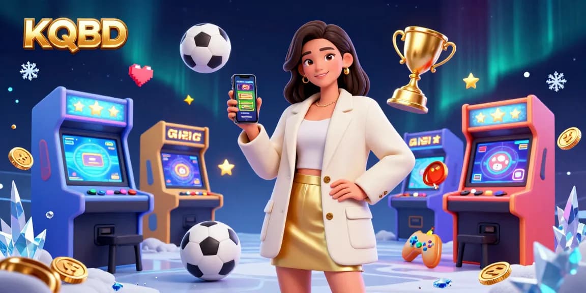 KQBD sports betting app illustration featuring an Asian woman with a smartphone and dynamic gaming elements.