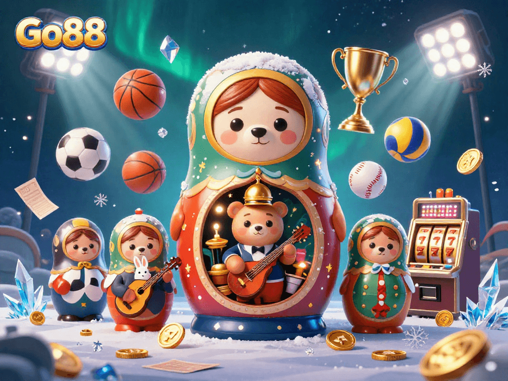 Celebrate winning at Go88 with Matryoshka bears and sports-themed casino elements in vibrant detail.