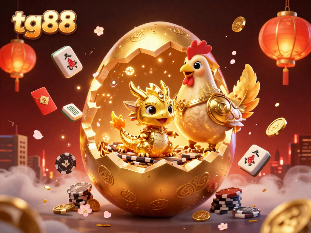 Experience thrilling wins at tg88 with a golden dragon guarding poker chips amid vibrant casino elements.