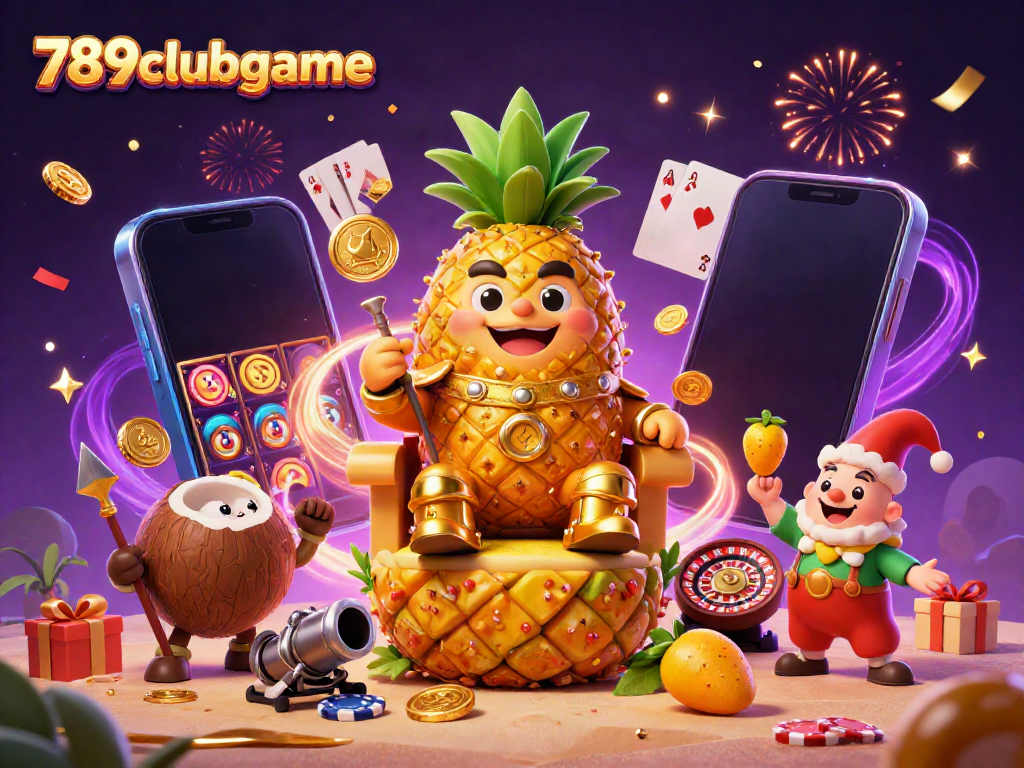 Engage with 789clubgame's vibrant casino experience featuring a golden pineapple king among celebratory elements.