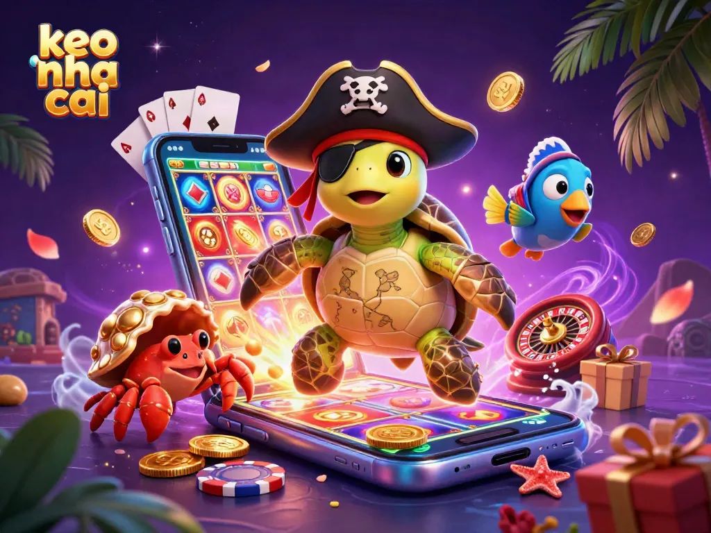 Experience the excitement of keo nha cai with a pirate turtle and casino-themed elements in vibrant 3D.