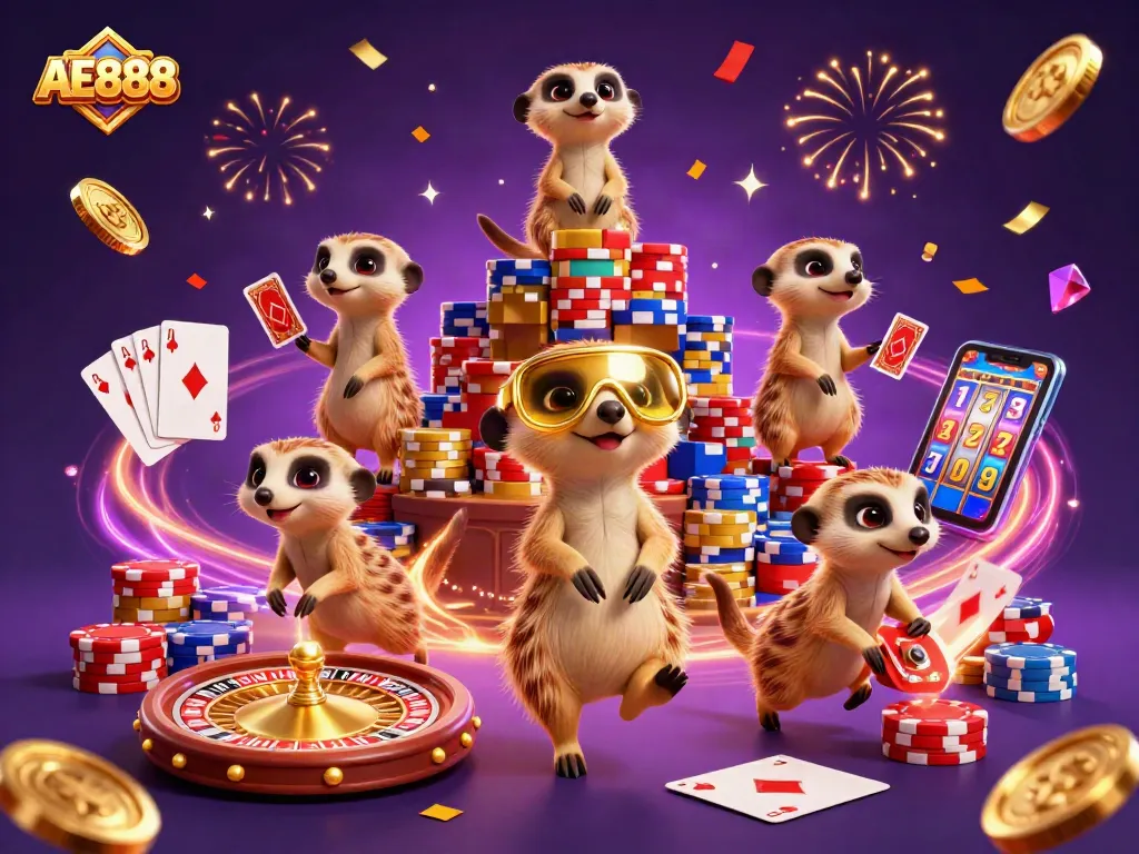 Experience thrilling AE888 adventures with animated meerkats in a vibrant casino scene.