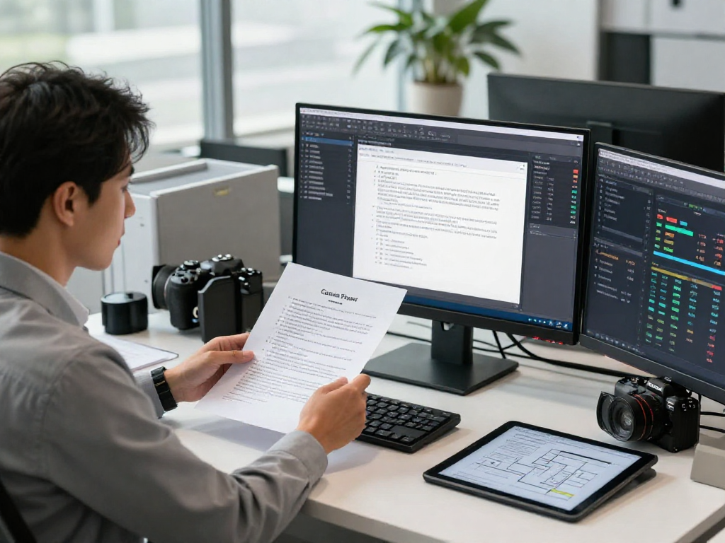 Document fraud detection analysis in a modern office showcasing high-tech forensic tools and suspicious document examination.