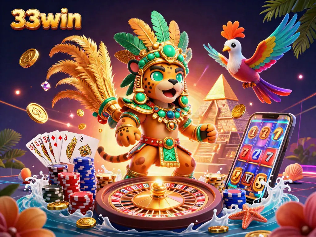 Experience thrilling gaming with 33win's vibrant casino scene featuring 3D characters and dynamic elements.