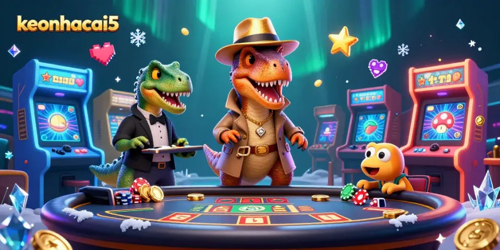 Experience thrilling gameplay with keonhacai5 as a velociraptor card counter and stegosaurus pit boss in a vibrant casino scene.