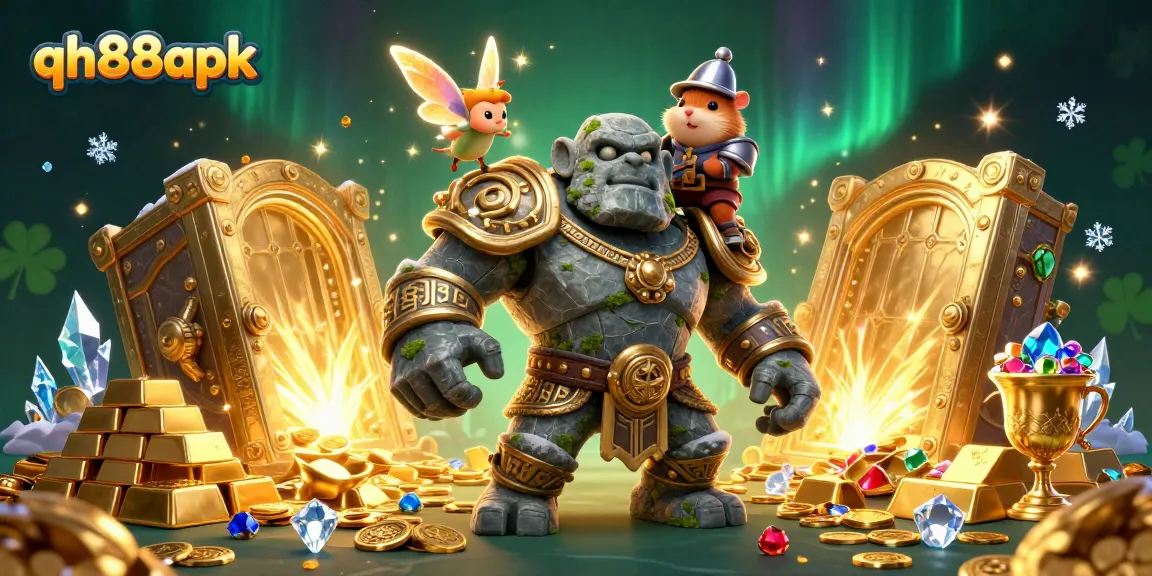 Experience the excitement of qh88apk with ancient guardians and treasures in a magical casino scene.