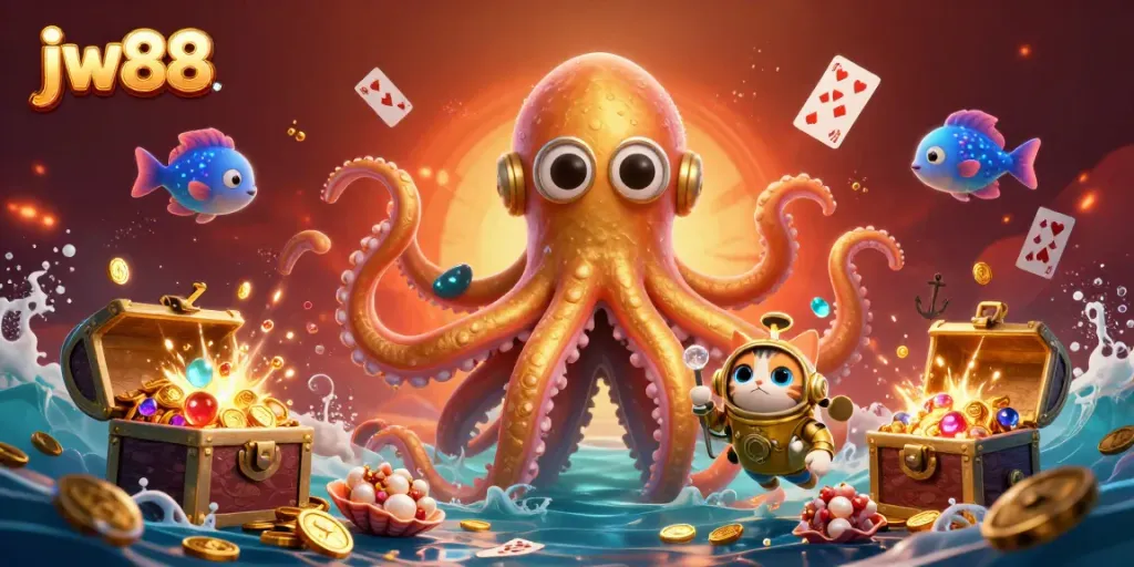 Experience the excitement of jw88 with a vibrant underwater scene featuring a kraken and treasures.