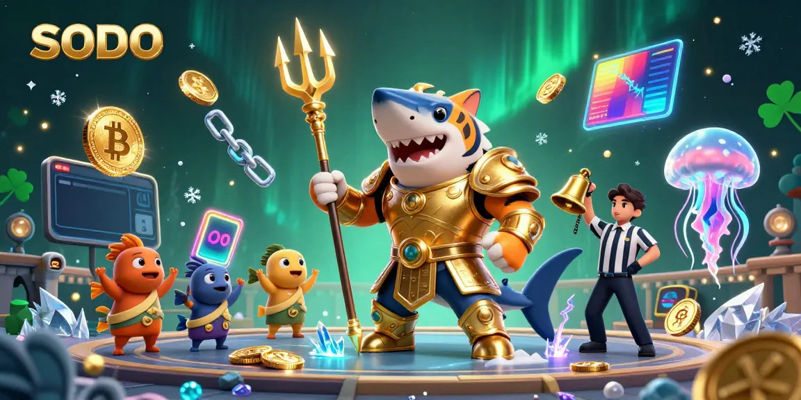 Experience thrilling SODO casino action with a dynamic 3D illustration of a gladiator shark in its underwater colosseum.