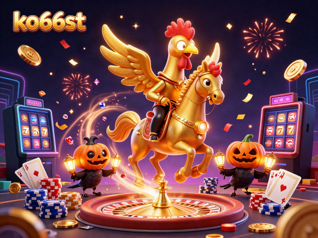 Experience the dynamic world of KO66st with a golden rooster and his companions bringing excitement to the casino.