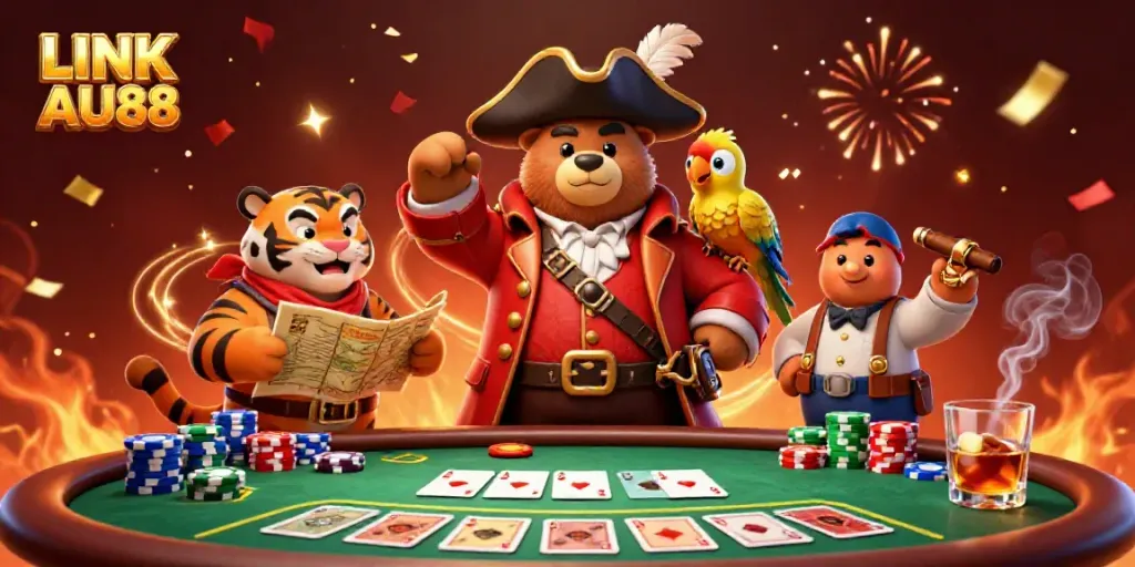 Engage in thrilling poker action with LINK AU88, featuring a cartoon pirate bear and tiger amidst chips and cards.