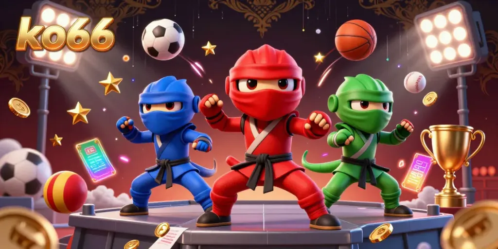 Experience thrilling action at ko66 with dynamic ninja chameleons surrounded by vibrant gaming elements.