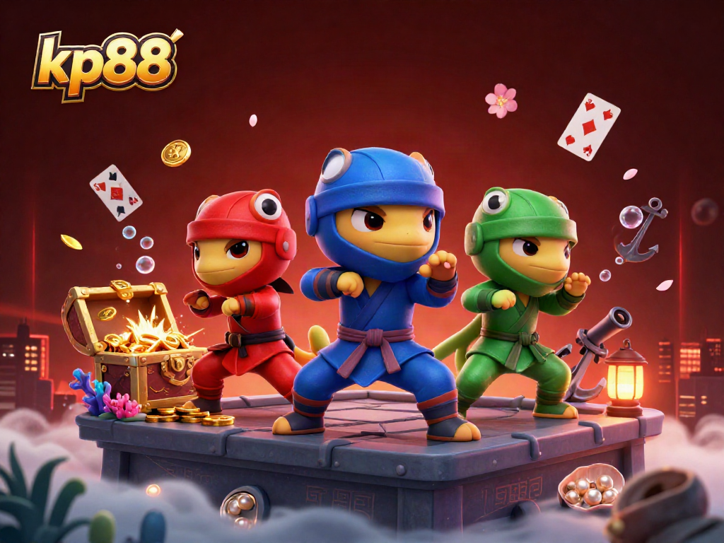 Experience the thrill of kp88 casino games with dynamic chameleon ninjas amidst treasures and vibrant game elements.