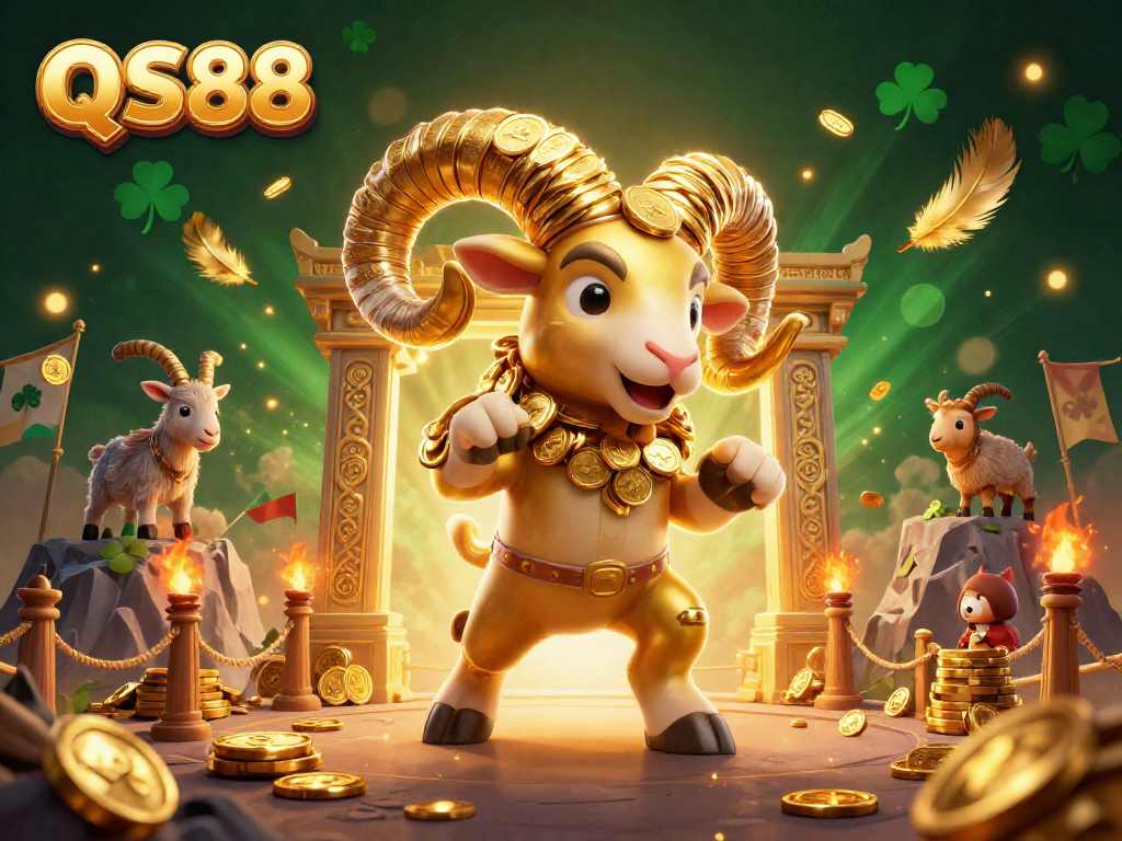 Experience thrilling gameplay at QS88 with a golden ram charging towards victory, surrounded by casino excitement.