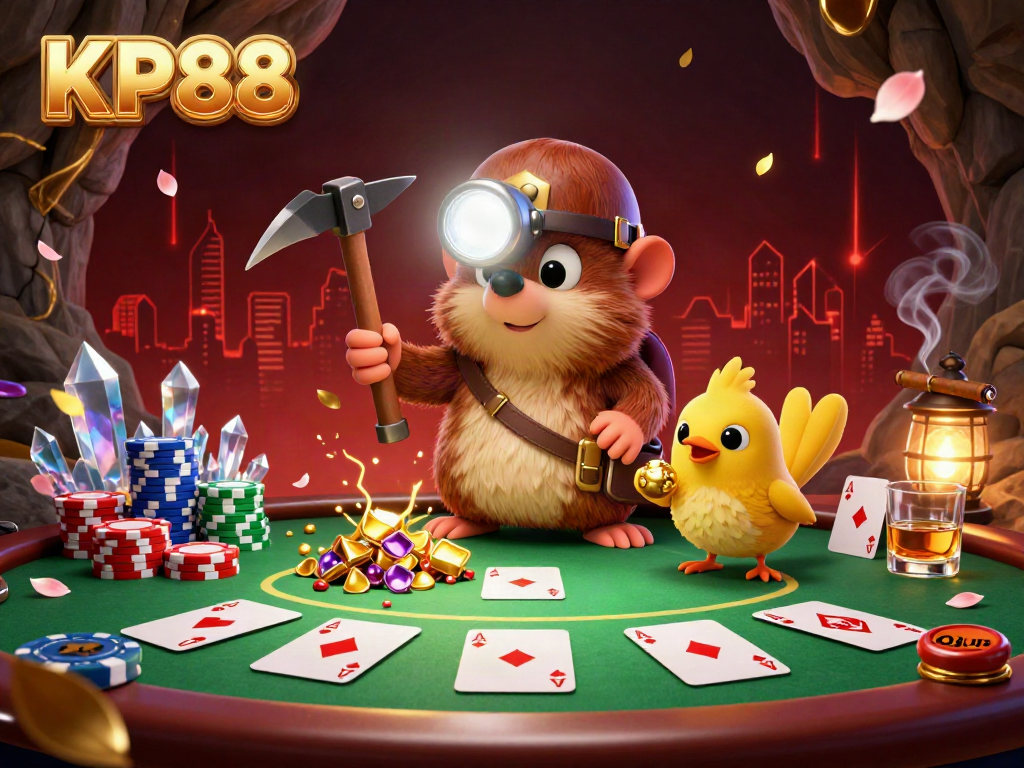 Experience thrilling adventures at KP88 with a treasure-hunting mole and poker game excitement.