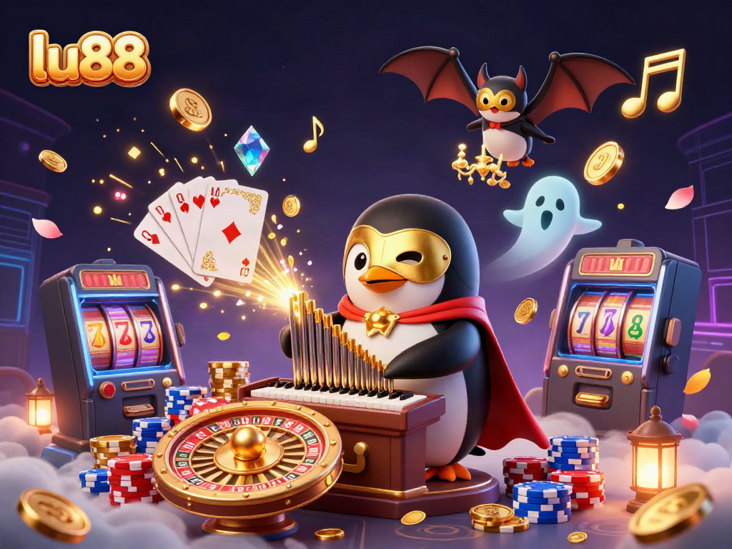 Experience the thrill of lu88 with a vivid 3D scene showcasing a whimsical penguin playing a magical organ amidst flowing coins and cards.