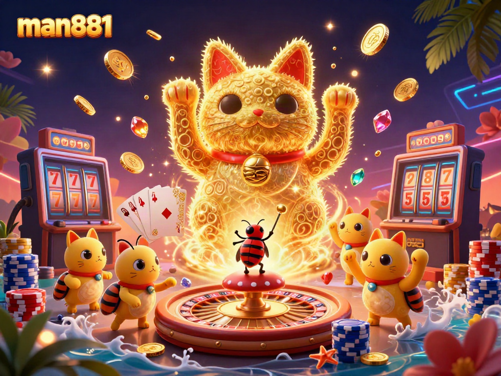 Engage with man881's thrilling gaming experience featuring a golden lucky cat and casino elements in a vibrant 3D scene.