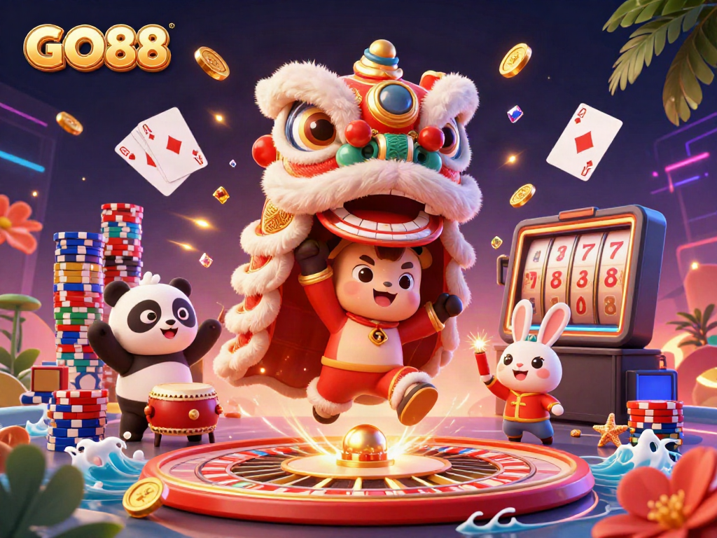 GO88-themed illustration showcasing a vibrant lion dance with casino elements and flying coins.