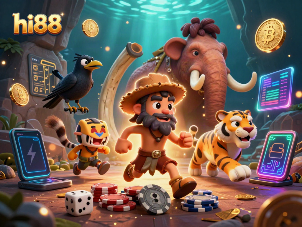 Join the fun at hi88's prehistoric casino with colorful 3D characters and vibrant game elements.