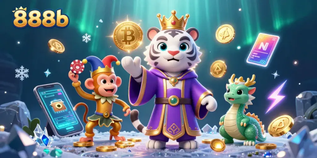 Experience thrilling gambling adventures with 888b, featuring cartoon characters celebrating amidst vibrant casino elements.