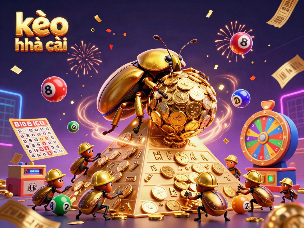 Experience kèo nhà cái with a vibrant scene of golden beetles and casino-themed elements, featuring dynamic lottery balls and shimmering confetti.