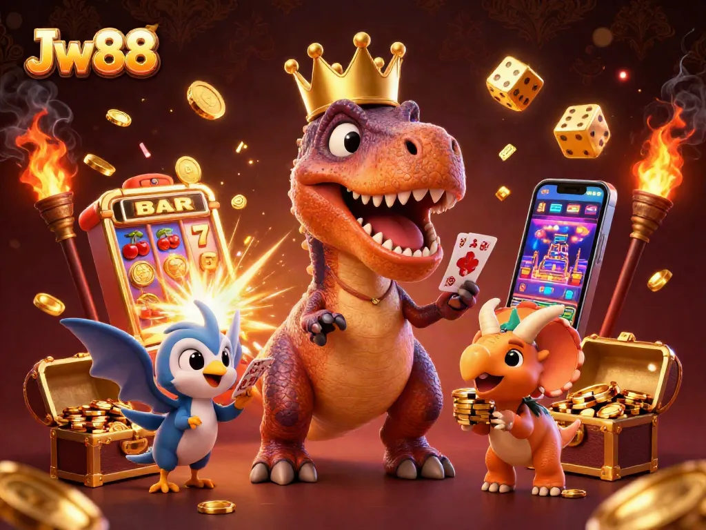 Experience thrilling gaming action at Jw88 with a T-Rex shuffling cards amidst dazzling casino elements.