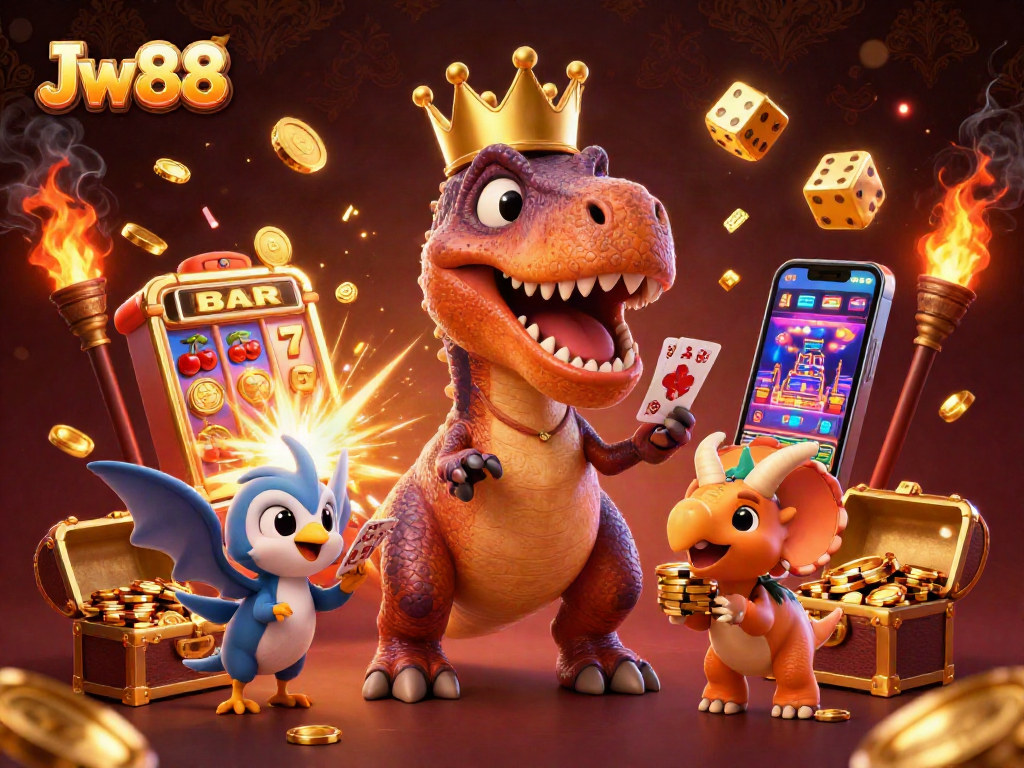 Experience thrilling gaming action at Jw88 with a T-Rex shuffling cards amidst dazzling casino elements.
