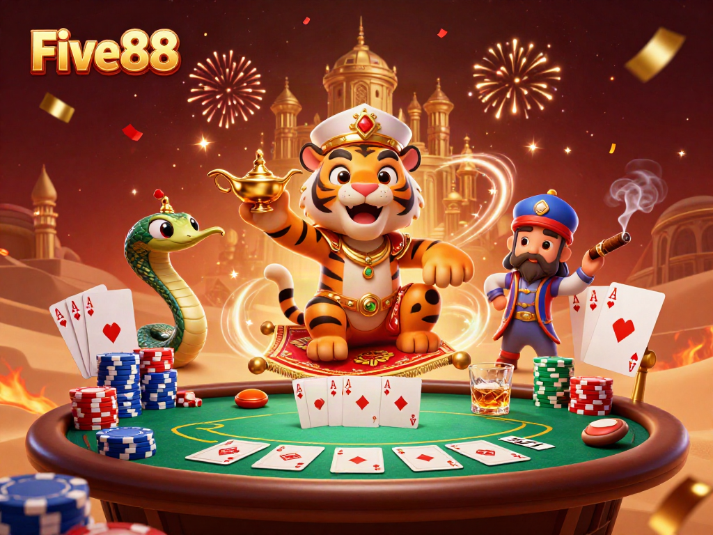 Join the thrill of gambling with Five88, where an Arabian Nights-themed tiger sultan and magical elements create an enchanting atmosphere.
