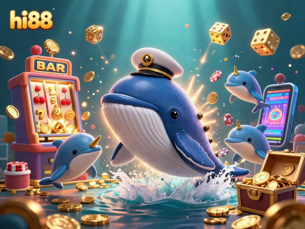 Join hi88 for thrilling games as a whale and friends celebrate winning moments in a vibrant casino world.
