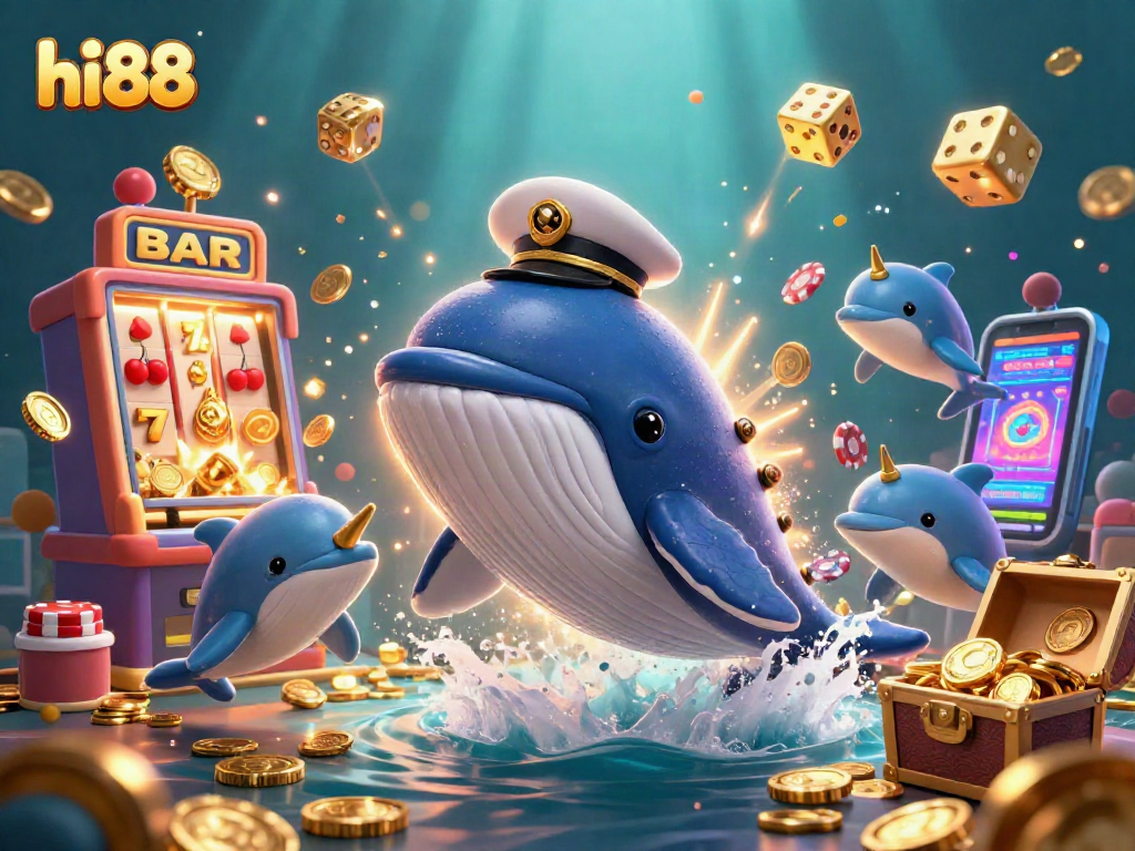 Join hi88 for thrilling games as a whale and friends celebrate winning moments in a vibrant casino world.