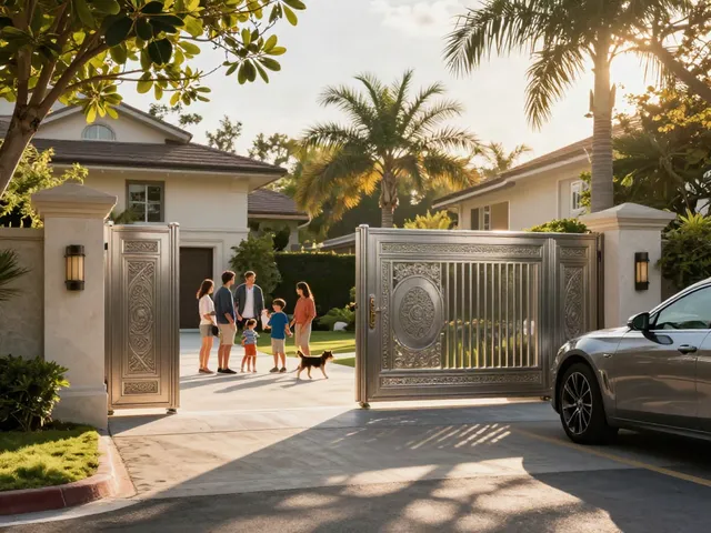 Custom villa gates elegantly displayed at a luxurious villa entrance with beautiful landscaping.