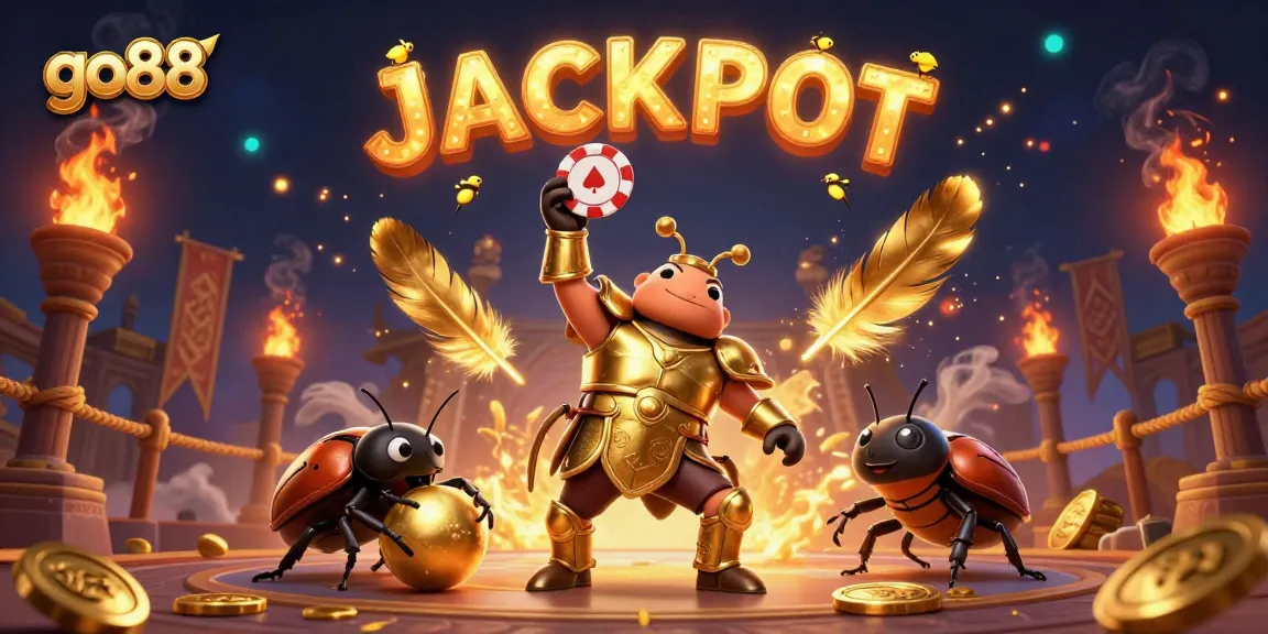 Experience the thrill of go88 with a cartoon hercules beetle celebrating a jackpot in an exciting casino scene.