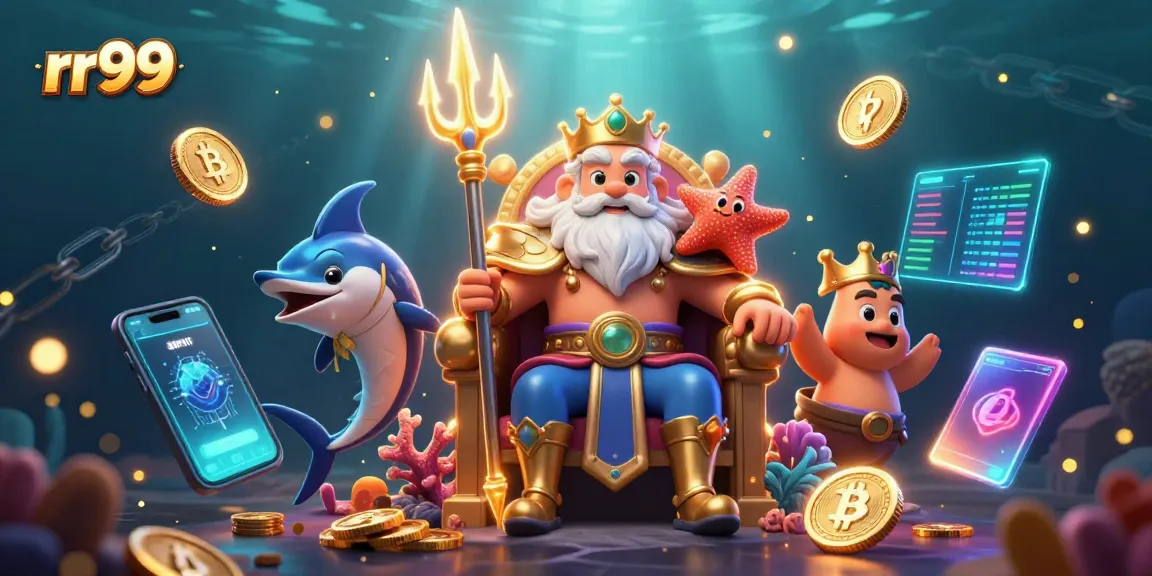 Win big with rr99 as Neptune oversees an underwater casino scene filled with treasures and cryptocurrency.