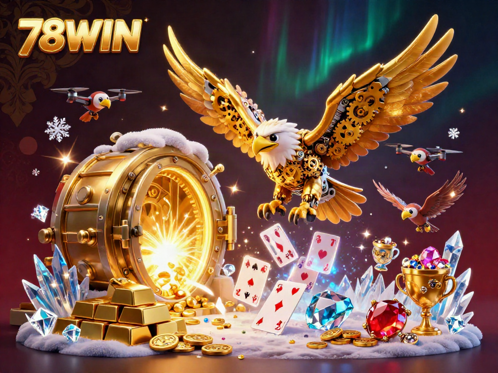 Experience thrilling gameplay with 78WIN as the golden eagle dives through vibrant casino elements, capturing the excitement.