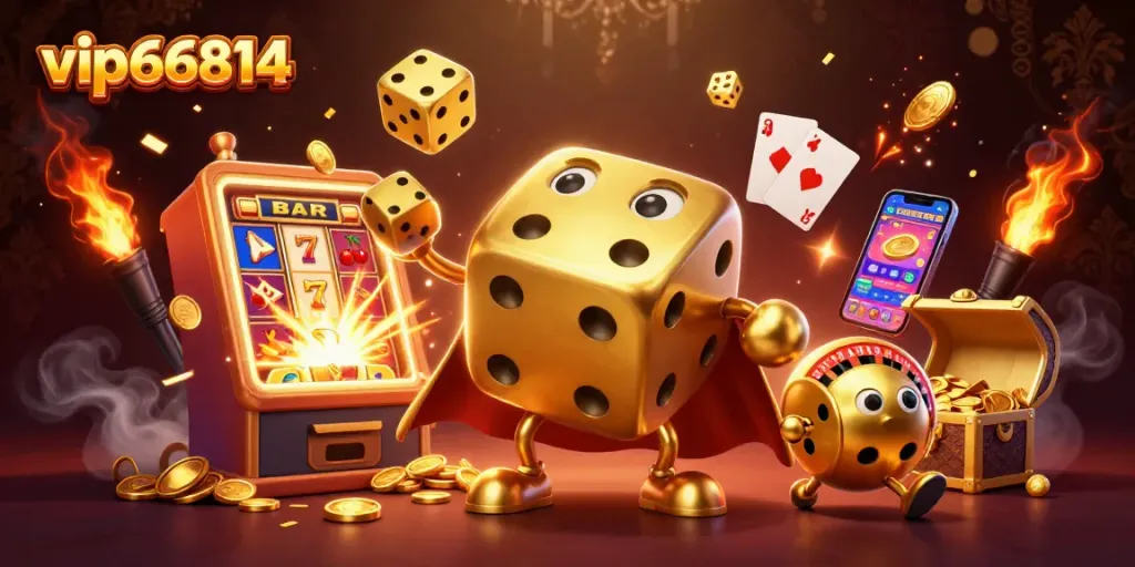 Experience thrilling wins at vip66814 with a lively casino scene featuring golden dice, coins, and vibrant game elements.