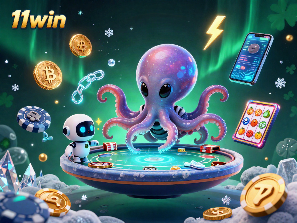Join the fun at 11win with a vibrant alien poker scene featuring thrilling slot reels and crypto elements.