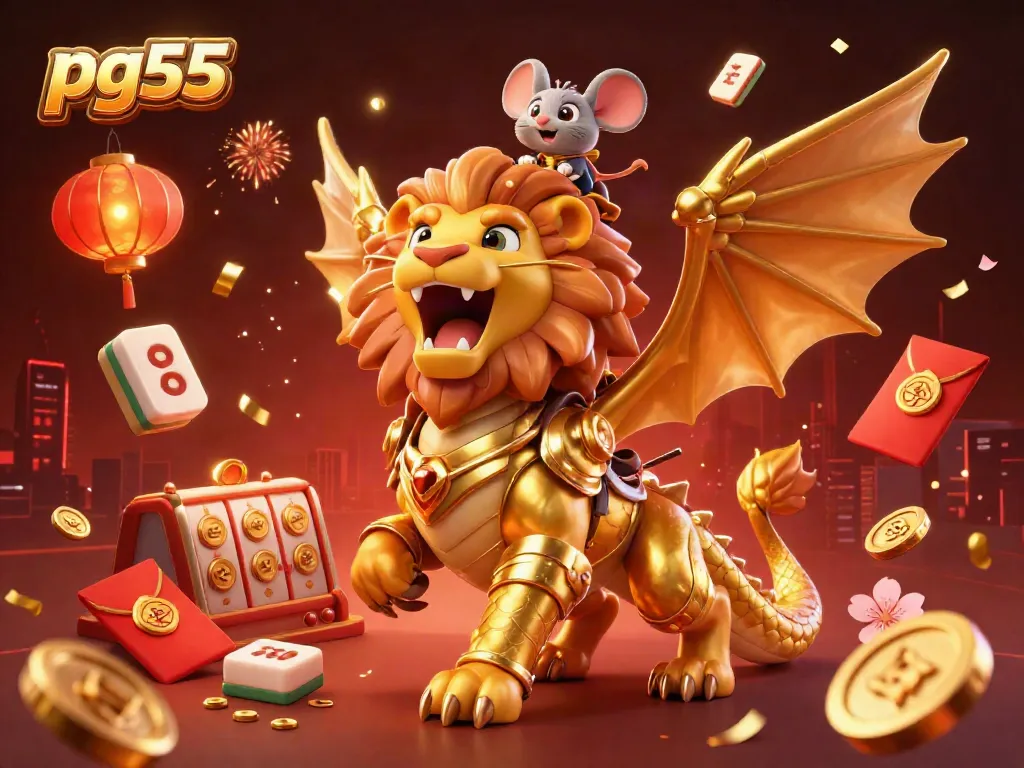 Experience the vibrant casino thrill with pg55, featuring a roaring chimera and dynamic slot elements in a stunning 3D scene.