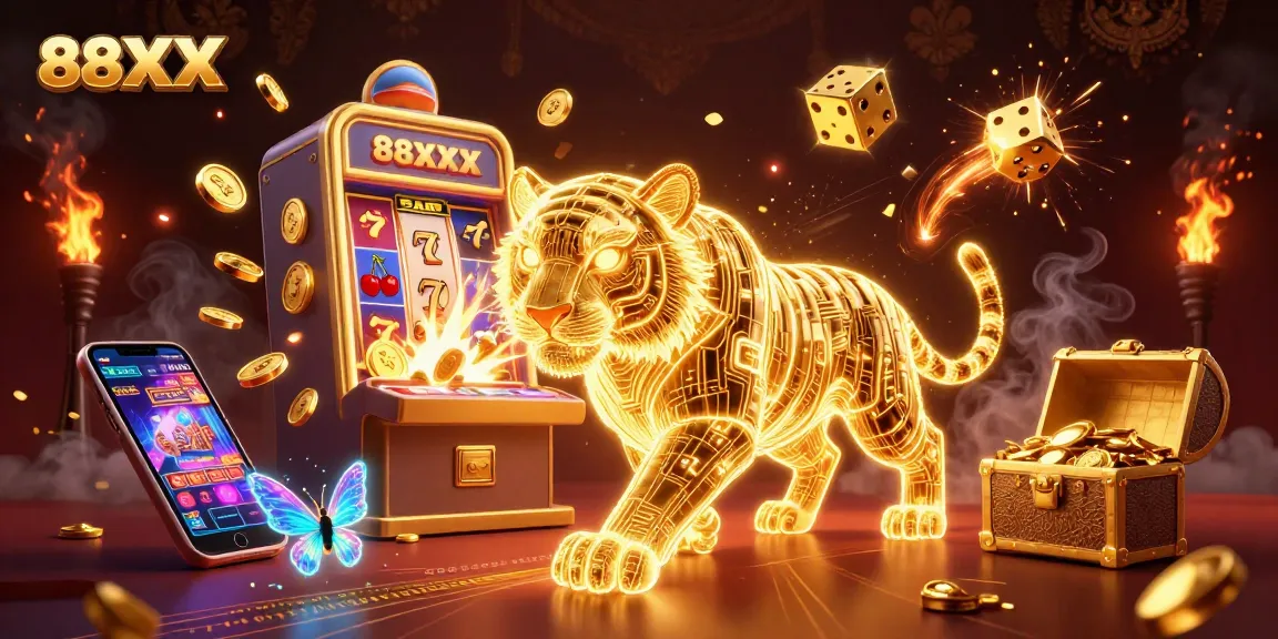 Experience the vibrant world of 88XX with a golden tiger in a digital casino bursting with excitement and jackpots.