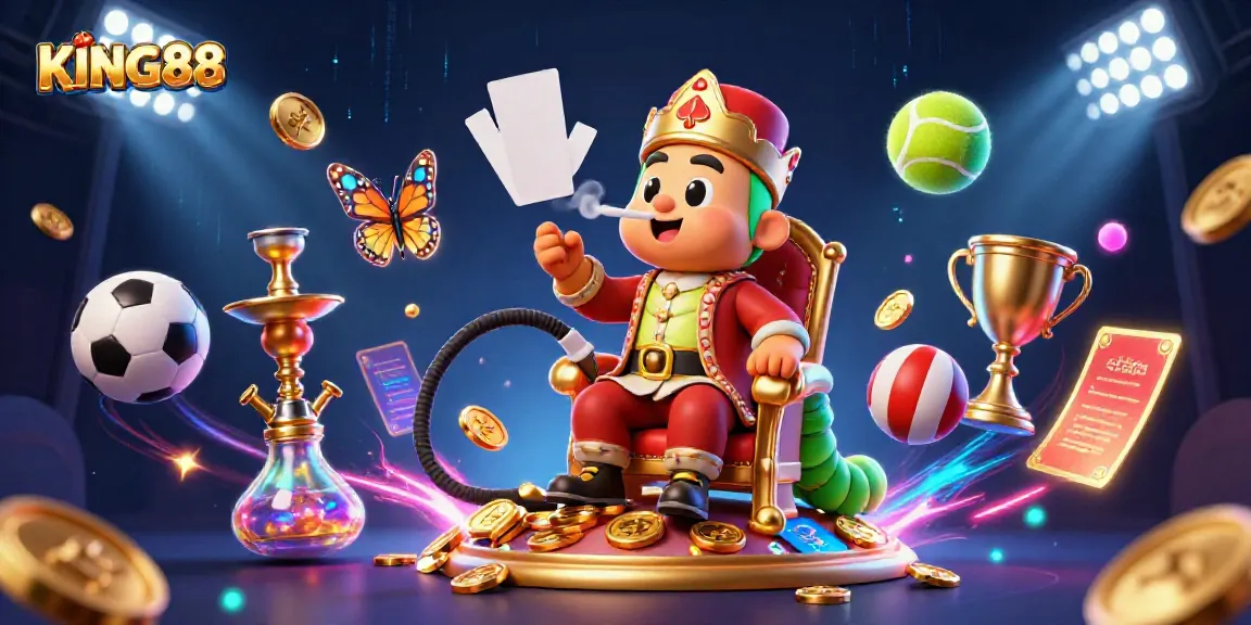 Experience the excitement of KING88 with dynamic sports elements and vibrant casino symbols.