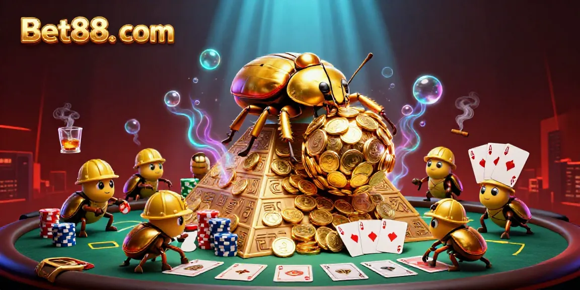 Engage in thrilling action with Bet88. com featuring vibrant casino elements and a rich scene of a beetle rolling golden coins.