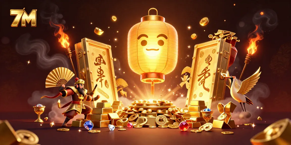 7M online gambling illustration showcasing a golden lantern spirit and rich casino elements.