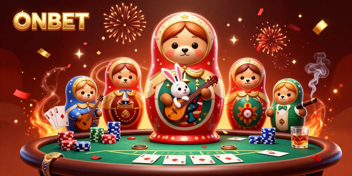 ONBET showcases a vibrant 3D casino scene featuring cartoon bears and a serenading rabbit.