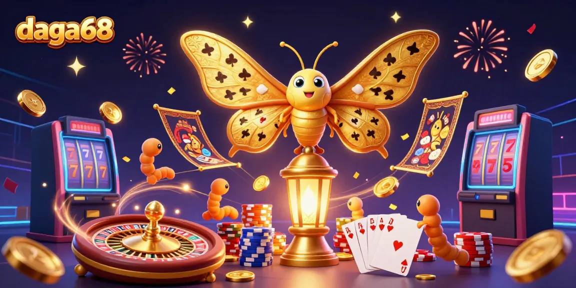 daga68 showcases an enchanting 3D casino scene with golden moths and vibrant games.