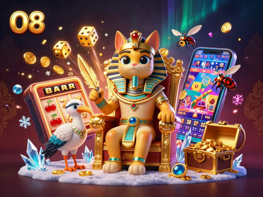 Experience the thrill of O8 with slot machines, golden treasures, and animated casino characters